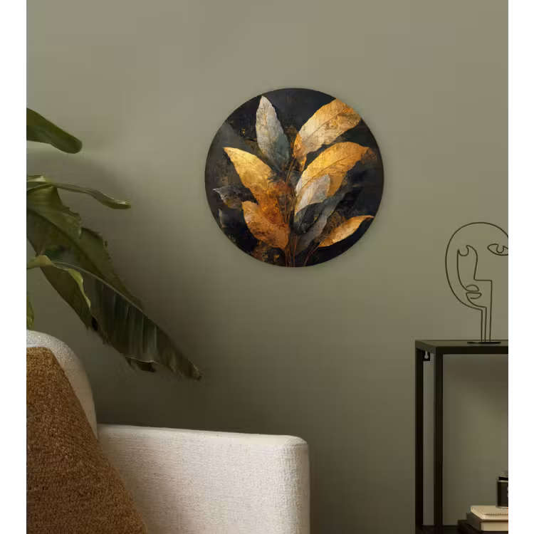Gouden Bladcompositie – Botanische Luxe Wandcirkel kunststof plaat 5mm dik klein -sfeer3