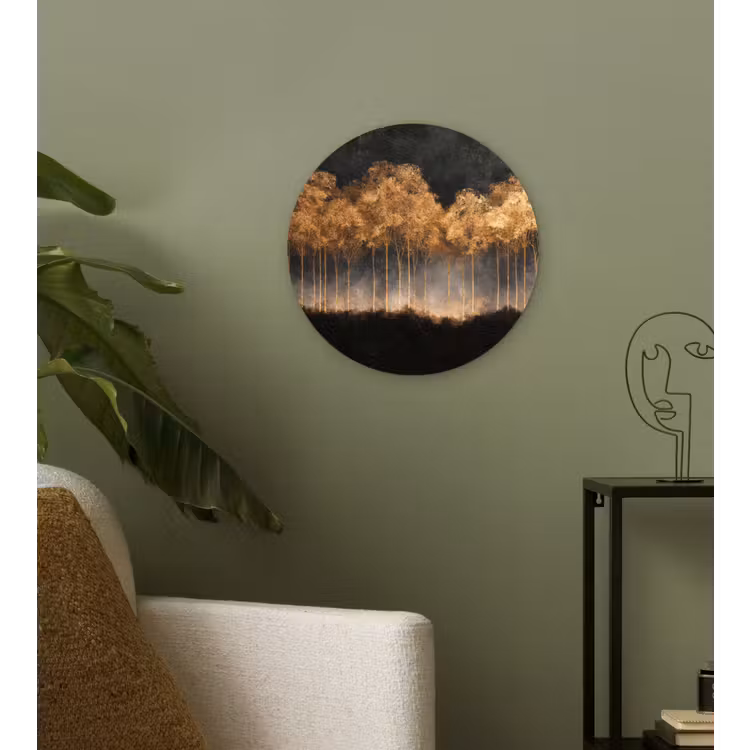 Gouden Bomen in Mistig Landschap Wandcirkel kunststof plaat 5mm dik klein -sfeer3