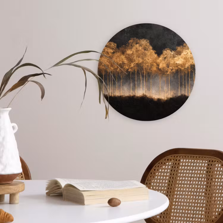 Gouden Bomen in Mistig Landschap Wandcirkel kunststof plaat 5mm dik klein -sfeer4