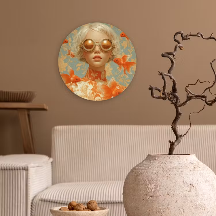 Goudvissen - Oranje - Vrouw - Blond Wandcirkel kunststof plaat 5mm dik klein -sfeer1