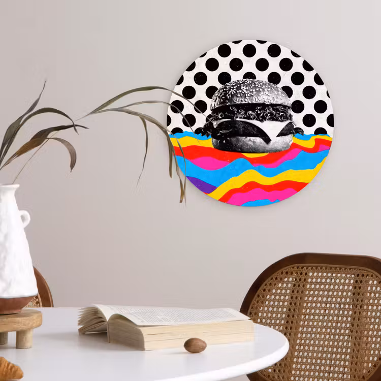 Hamburger - Stippen - Golven - Kleuren Wandcirkel kunststof plaat 5mm dik klein -sfeer4