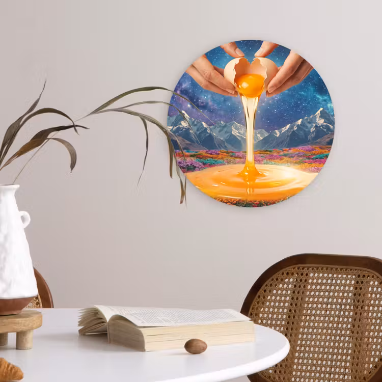 Forexbild Rund - Hände – Ei – Surrealismus - Handen - Ei - Surrealisme Wandcirkel kunststof plaat 5mm dik klein