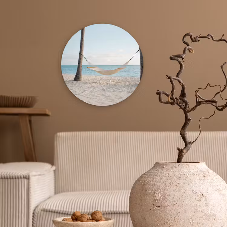 Hangmat - Strand - Wit Wandcirkel kunststof plaat 5mm dik klein -sfeer1