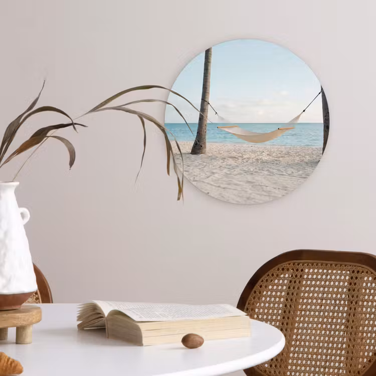 Hangmat - Strand - Wit Wandcirkel kunststof plaat 5mm dik klein -sfeer4