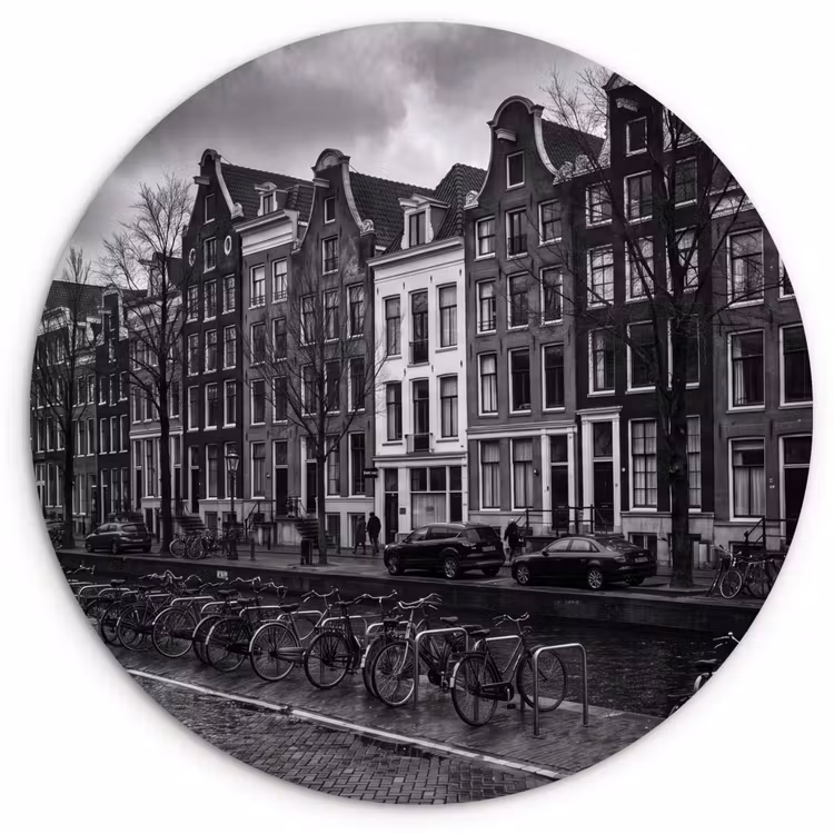 Huis - Gracht - Amsterdam - Architectuur - Zwart-wit Wandcirkel kunststof plaat 5mm dik klein -3d