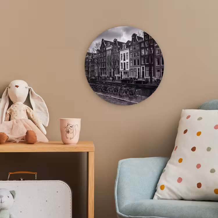 Huis - Gracht - Amsterdam - Architectuur - Zwart-wit Wandcirkel kunststof plaat 5mm dik klein -tsfeer1_kind