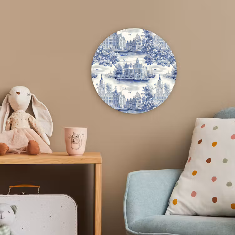 Huizen - Bomen - Water - Vogels - Blauw Wandcirkel kunststof plaat 5mm dik klein 188 -tsfeer1_kind