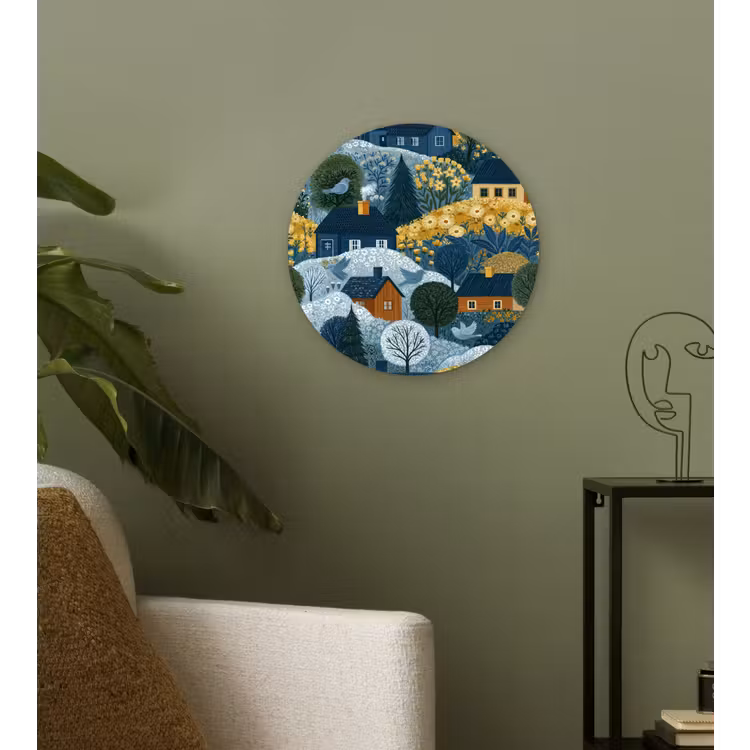 Huisjes - Bloemen - Patroon - Geel - Blauw Wandcirkel kunststof plaat 5mm dik klein 188 -sfeer3