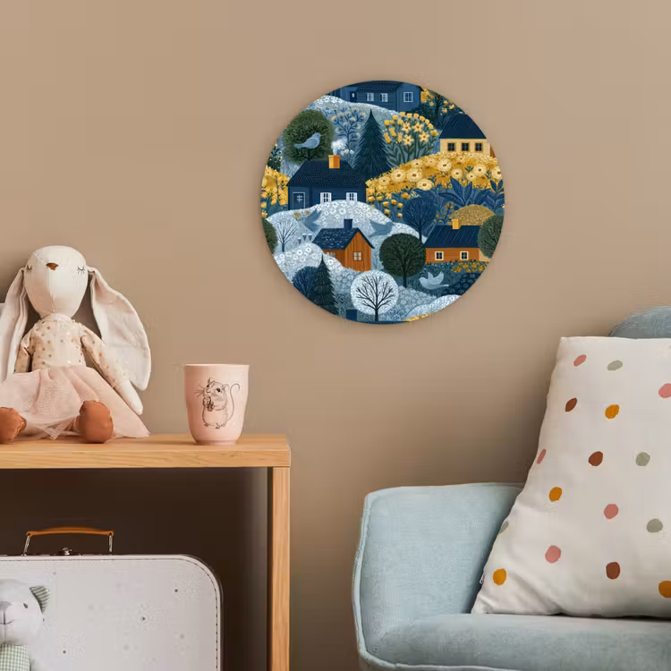 Huisjes - Bloemen - Patroon - Geel - Blauw Wandcirkel kunststof plaat 5mm dik klein 188 -tsfeer1_kind