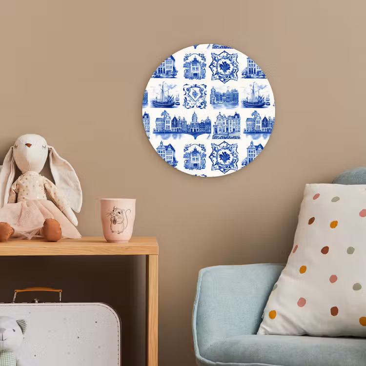 Huizen - Schepen - Blauw Wandcirkel kunststof plaat 5mm dik klein 188 -tsfeer1_kind