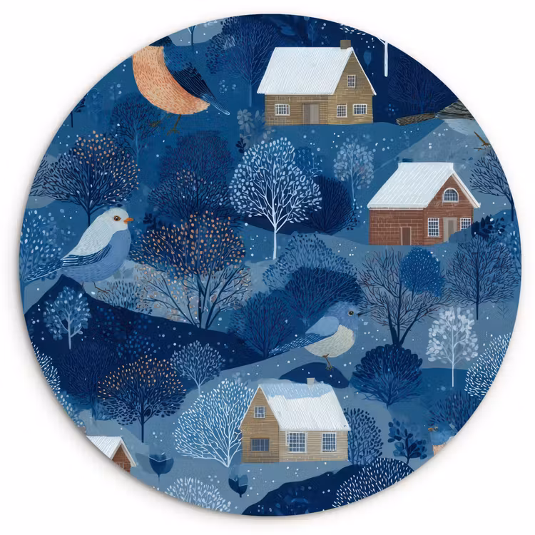 Huisjes - Vogels - Sneeuw - Winter - Blauw Wandcirkel kunststof plaat 5mm dik klein 188 -3d
