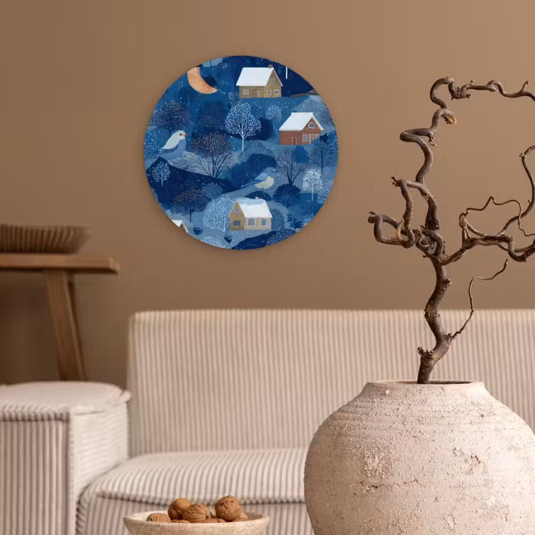 Huisjes - Vogels - Sneeuw - Winter - Blauw Wandcirkel kunststof plaat 5mm dik klein 188 -sfeer1