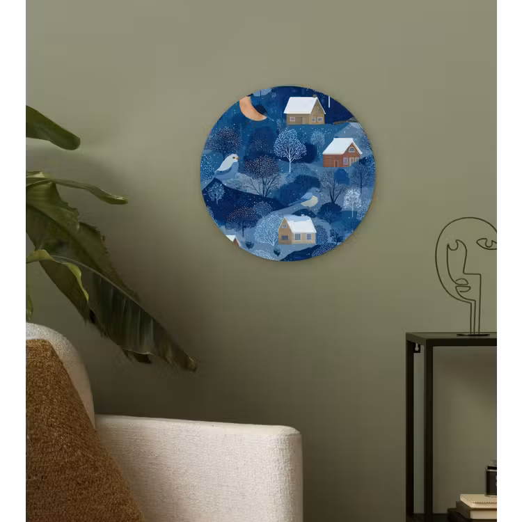Huisjes - Vogels - Sneeuw - Winter - Blauw Wandcirkel kunststof plaat 5mm dik klein 188 -sfeer3