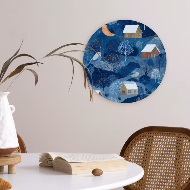 Huisjes - Vogels - Sneeuw - Winter - Blauw Wandcirkel kunststof plaat 5mm dik klein 188 -sfeer4