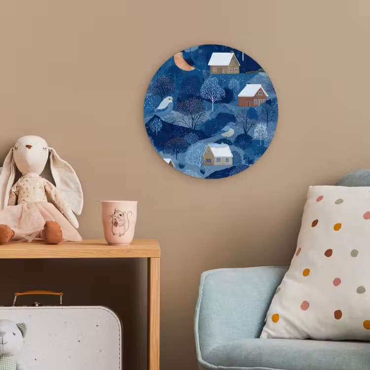 Huisjes - Vogels - Sneeuw - Winter - Blauw Wandcirkel kunststof plaat 5mm dik klein 188 -tsfeer1_kind