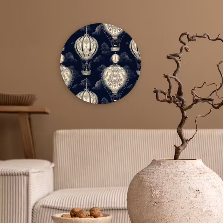 Luchtballonnen - Wolken - Patroon - Donkerblauw Wandcirkel kunststof plaat 5mm dik klein 188 -sfeer1