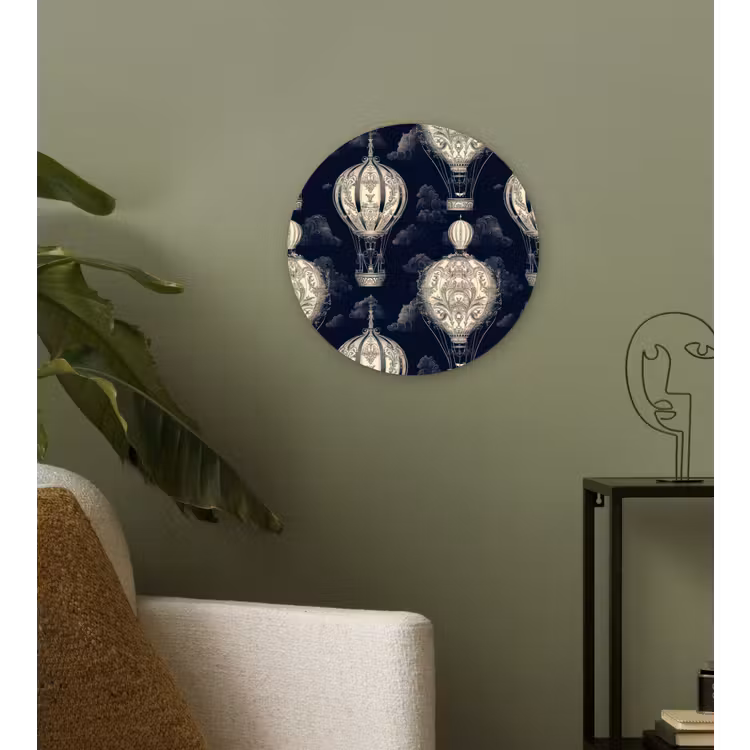 Luchtballonnen - Wolken - Patroon - Donkerblauw Wandcirkel kunststof plaat 5mm dik klein 188 -sfeer3