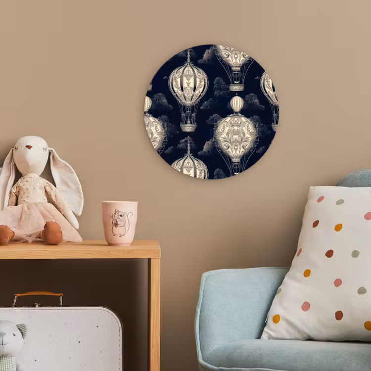 Luchtballonnen - Wolken - Patroon - Donkerblauw Wandcirkel kunststof plaat 5mm dik klein 188 -tsfeer1_kind