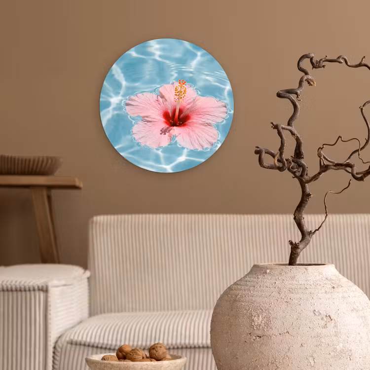 Hibiscus - Water - Roze Wandcirkel kunststof plaat 5mm dik klein -sfeer1