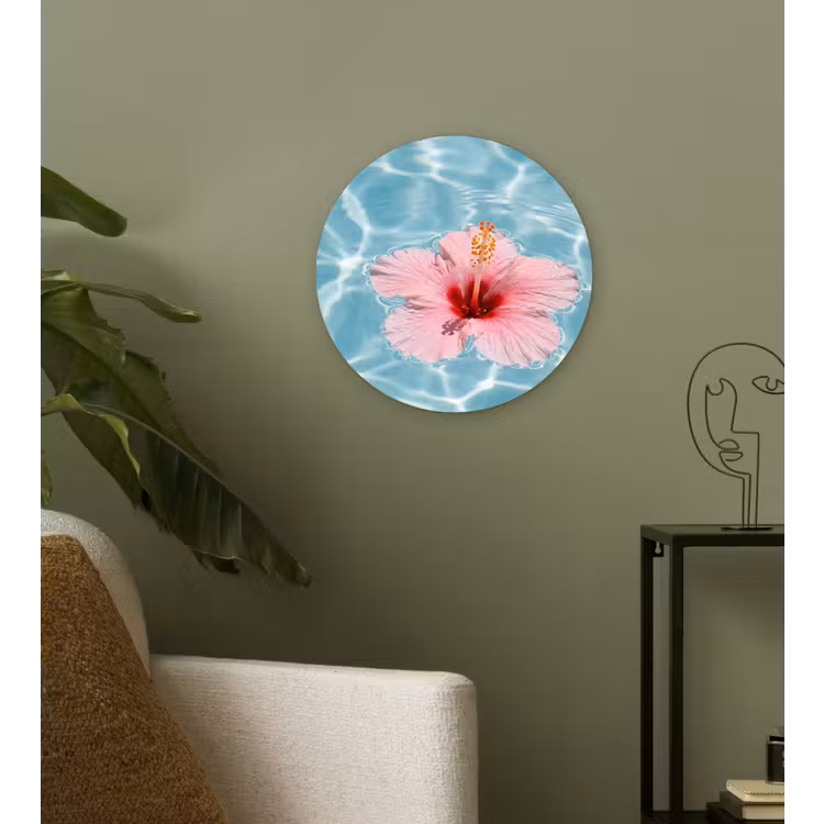 Hibiscus - Water - Roze Wandcirkel kunststof plaat 5mm dik klein -sfeer3