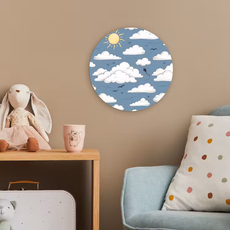 Lucht - Zon - Wolken - Natuur - Blauw Wandcirkel kunststof plaat 5mm dik klein -tsfeer1_kind