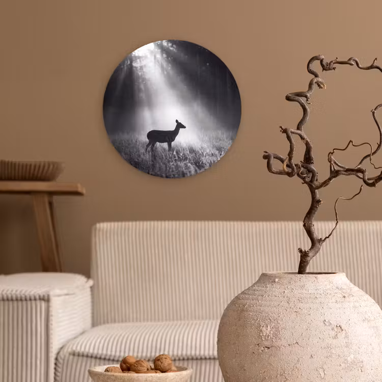Hert - Bos - Zonnestralen - Zwart-wit - Natuur Wandcirkel kunststof plaat 5mm dik klein -sfeer1