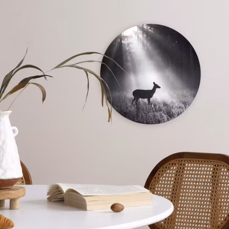 Hert - Bos - Zonnestralen - Zwart-wit - Natuur Wandcirkel kunststof plaat 5mm dik klein -sfeer4