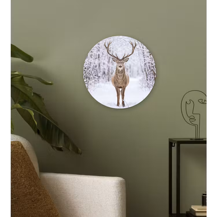 Hert - Winter - Bos - Natuur - Wit Wandcirkel kunststof plaat 5mm dik klein -sfeer3
