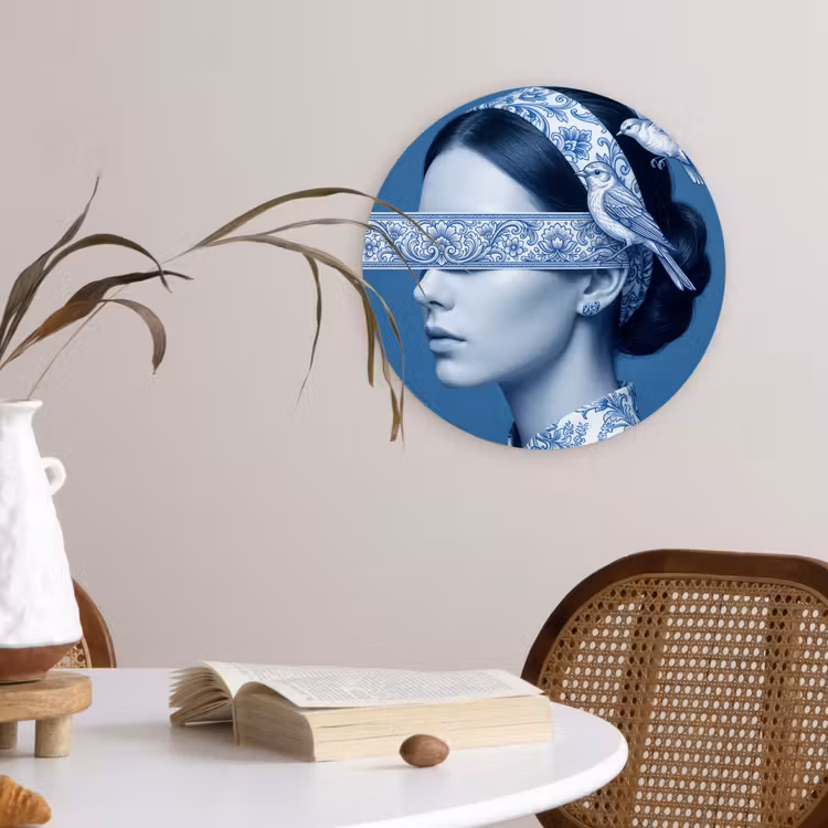 Portret - Klassiek - Wit - Blauw Wandcirkel kunststof plaat 5mm dik klein -sfeer4