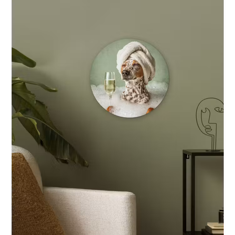 Hond - Bad - Champagne - Handdoek Wandcirkel kunststof plaat 5mm dik klein -sfeer3