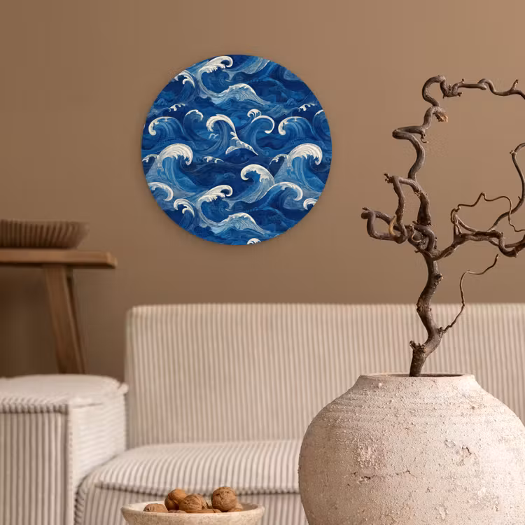 Japans - Oceaan - Golven - Blauw Wandcirkel kunststof plaat 5mm dik klein 188 -sfeer1