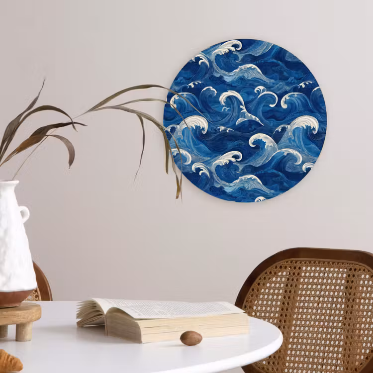 Japans - Oceaan - Golven - Blauw Wandcirkel kunststof plaat 5mm dik klein 188 -sfeer4