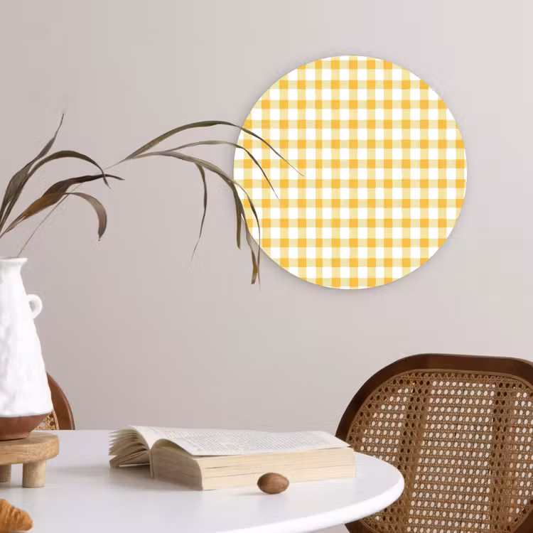 Ruit - Gingham - Klassiek - Geel en Wit Wandcirkel kunststof plaat 5mm dik klein 188 -sfeer4