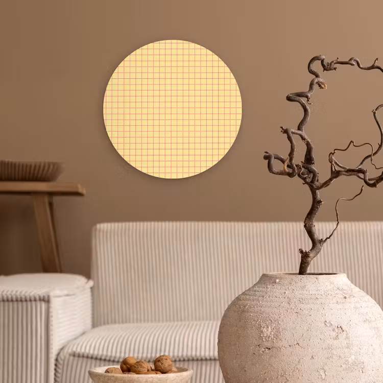 Ruitjes - Grid - Minimalistisch - Geel - Roze Wandcirkel kunststof plaat 5mm dik klein 188 -sfeer1