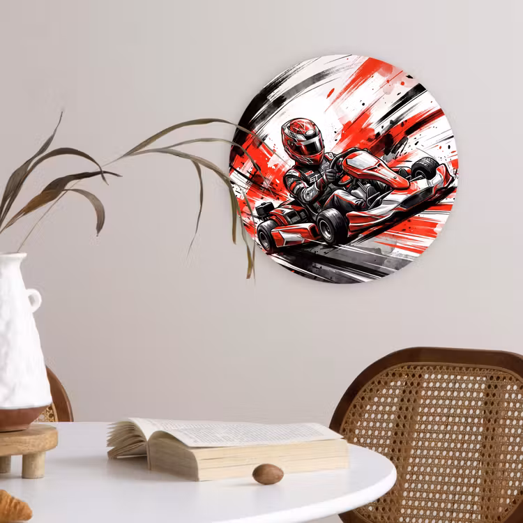 Kart - Coureur - Snelheid - Rood Wandcirkel kunststof plaat 5mm dik klein -sfeer4