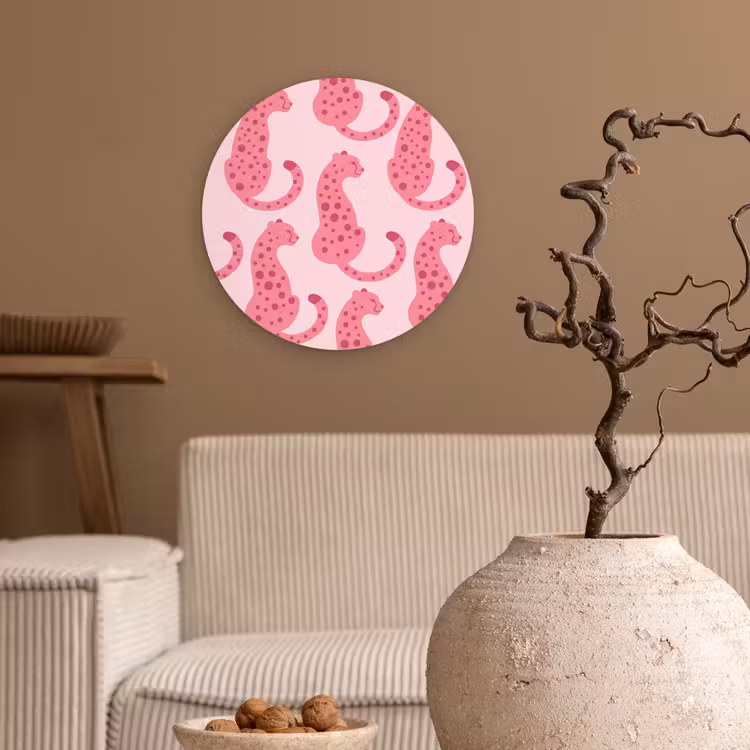 Kat - Gevlekt - Dieren - Patroon - Roze Wandcirkel kunststof plaat 5mm dik klein -sfeer1