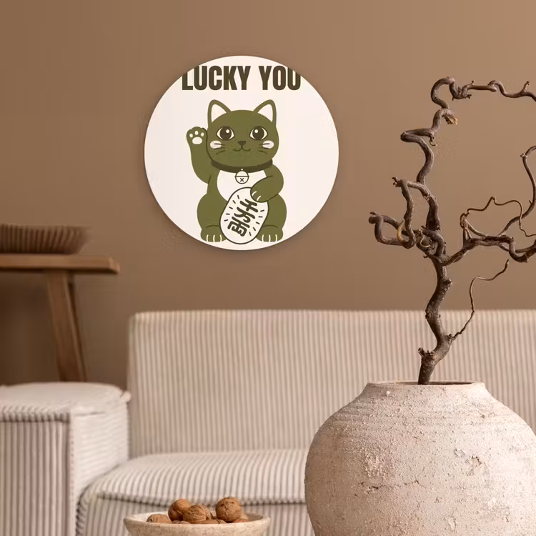 Kat - Geluk - Dieren - Modern - Groen Wandcirkel kunststof plaat 5mm dik klein -sfeer1