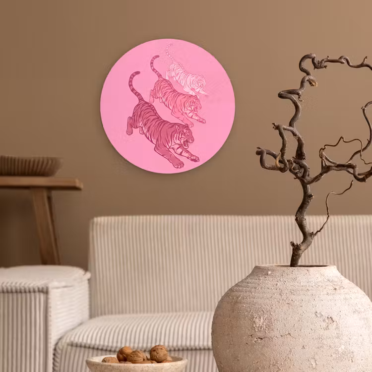 Kat - Springend - Dieren - Roze - Modern Wandcirkel kunststof plaat 5mm dik klein -sfeer1