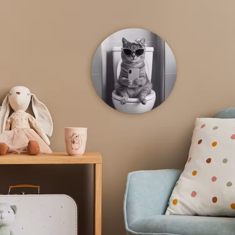 Kat - Telefoon - Toilet - Zwart - Wit Wandcirkel kunststof plaat 5mm dik klein -tsfeer1_kind