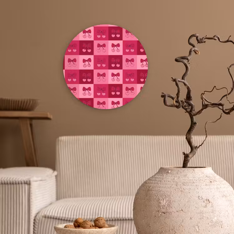Kersen - Strikjes - Speels - Roze - Bordeaux Wandcirkel kunststof plaat 5mm dik klein 188 -sfeer1