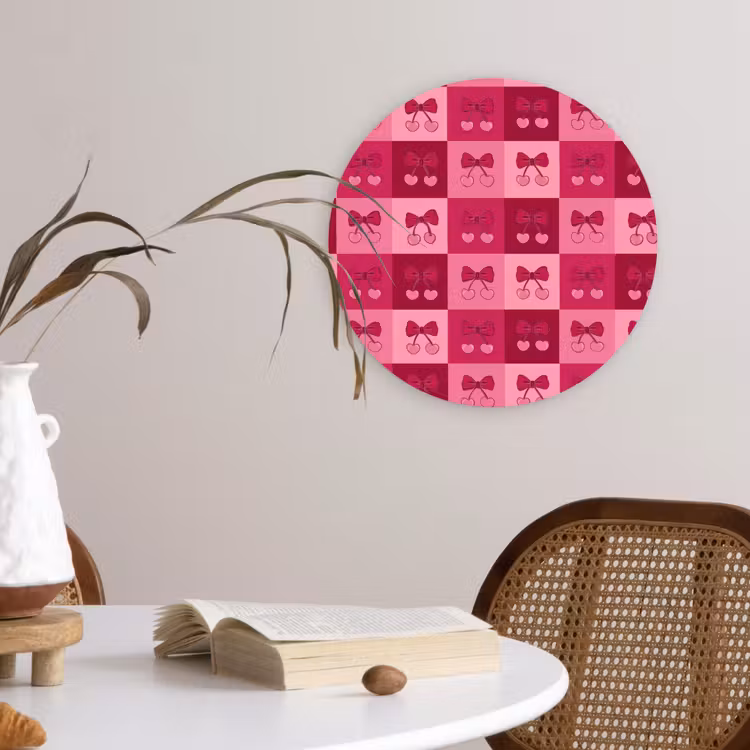 Kersen - Strikjes - Speels - Roze - Bordeaux Wandcirkel kunststof plaat 5mm dik klein 188 -sfeer4