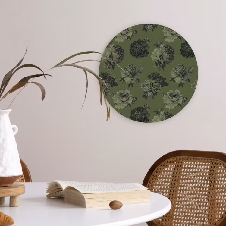 Klassiek - botanisch - olijfgroen - bloemen Wandcirkel kunststof plaat 5mm dik klein 188 -sfeer4