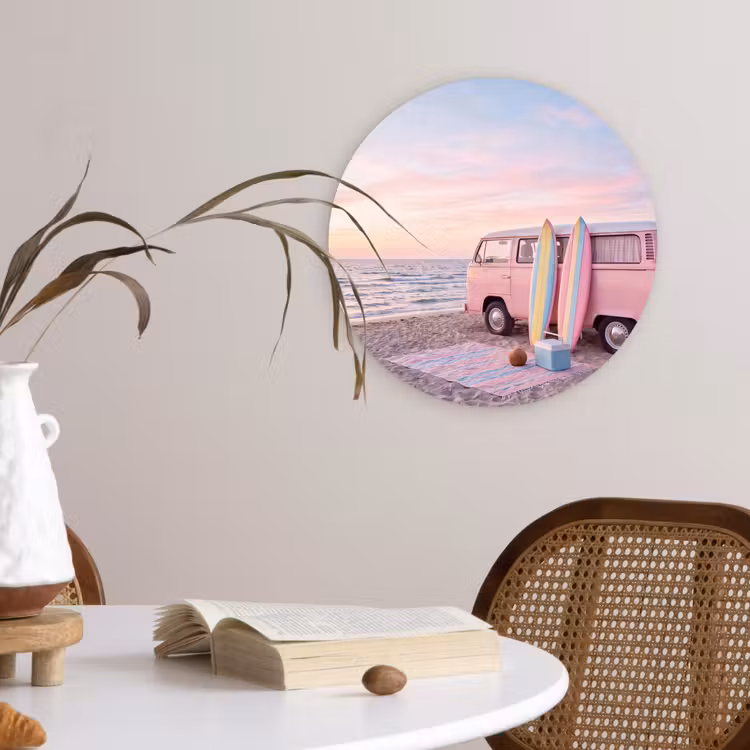 Busje - Strand - Surfplank - Zomer - Roze Wandcirkel kunststof plaat 5mm dik klein -sfeer4