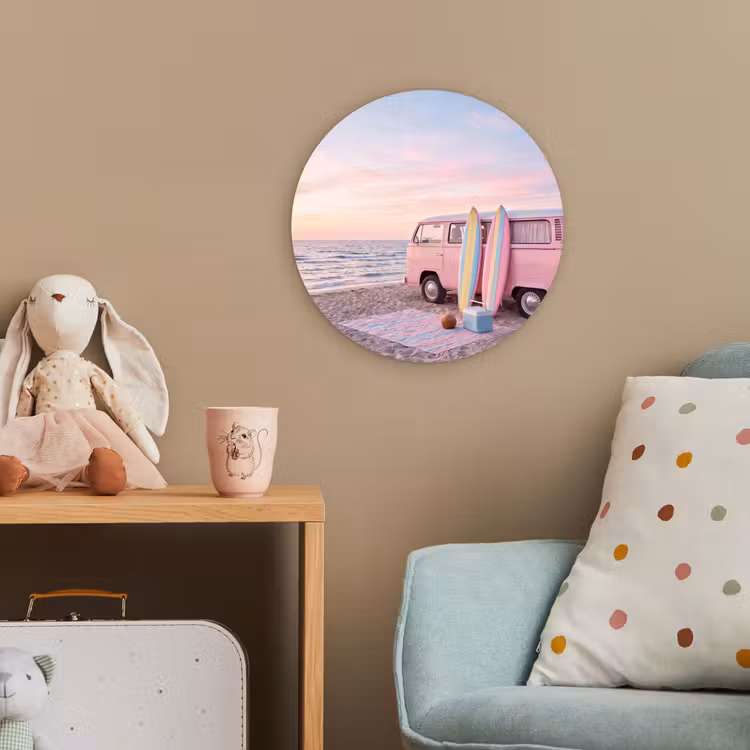 Busje - Strand - Surfplank - Zomer - Roze Wandcirkel kunststof plaat 5mm dik klein -tsfeer1_kind