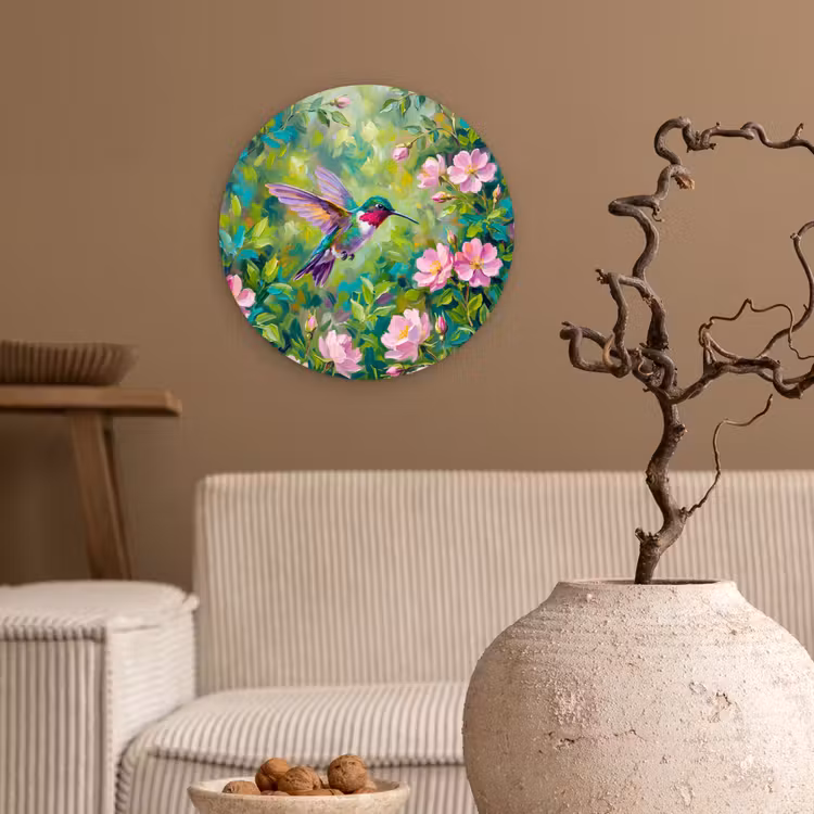 Kolibrie - Bloemen - Natuur - Kleurrijk Wandcirkel kunststof plaat 5mm dik klein -sfeer1