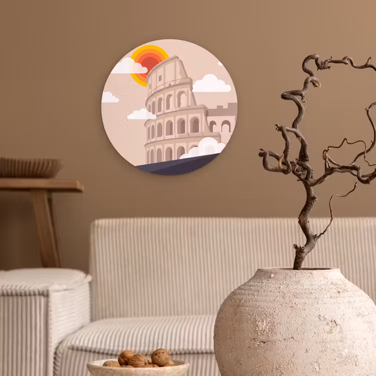 Colosseum - Zonsopgang - Rome - Architectuur - Beige Wandcirkel kunststof plaat 5mm dik klein -sfeer1