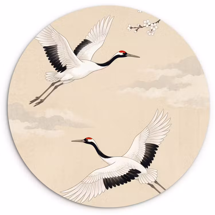 Kraanvogels - Bloesem - Beige Wandcirkel kunststof plaat 5mm dik klein -3d