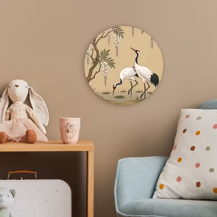 Kraanvogels - Water - Beige Wandcirkel kunststof plaat 5mm dik klein -tsfeer1_kind