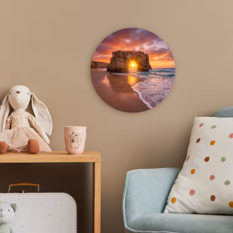 Kust - Rots - Zonsondergang - Zee - Natuur Wandcirkel kunststof plaat 5mm dik klein -tsfeer1_kind