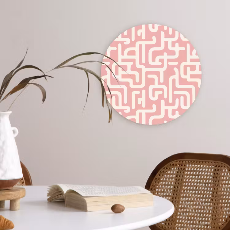 Doolhofpatroon - Roze - Wit - Abstract Wandcirkel kunststof plaat 5mm dik klein 188 -sfeer4